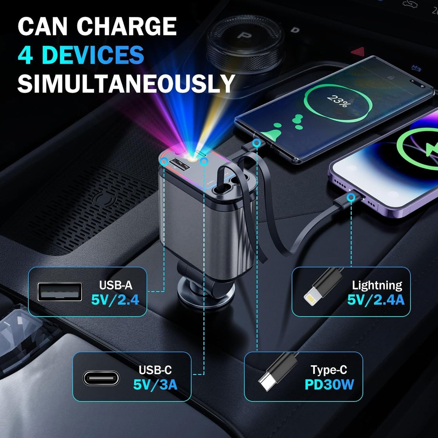 🔥Last Day Promotion 49% OFF🔥 - 4 in 1 Retractable Car Charger With Stary Lights